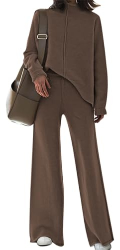 AOHITE 2-teiliges Damen-Outfit-Set, langärmelig, Strickpullover, Oberteil und Hose mit weitem Bein, Ein dunkler Kaffee, M