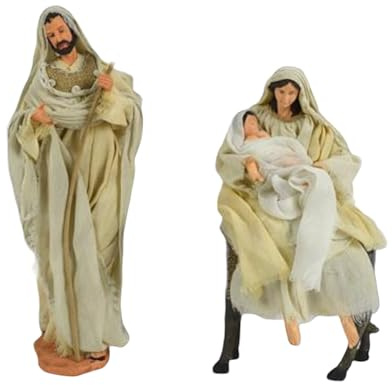 Generico Set Natività Artigianale in Stoffa con Asinello, Tessuto, Presepe Idea Regalo Statuine in Resina con Sacra Famiglia Personaggi da h. 33 cm Giuseppe Maria Gesù Bambino Santi (Bianco - Avorio)