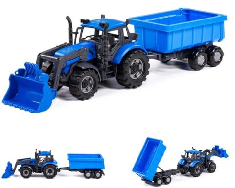 Polesie Spielzeug-Traktor 91833 Frontlader Kippanhänger Schwungantrieb Radlader, Farbe:blau