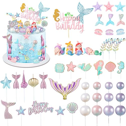 Tallew 42 Pcs Mermaid Cake Topper Under The Sea Cake Toppers Birthday Decorations Starfish Shell Mermaid Tail Seaweed Leaves Cupcake Candle for Birthday Baby Shower Party