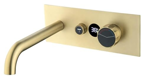 Bathroom Faucet with LED Thermostatic Display,Wall Mounted Brass Bathroom Sink Faucet,Basin Vanity Mixer Taps with Valve for Bathroom,Brushed Gold