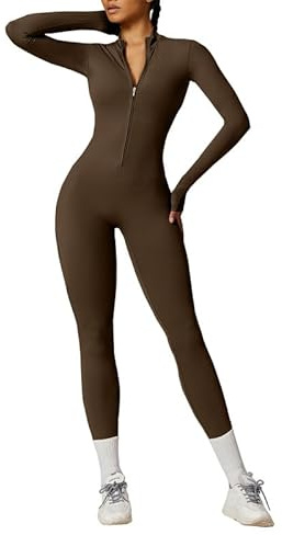 Litthing Women Yoga Jumpsuit Long Sleeve Zip Up Stretchy Unitards Slim Fit