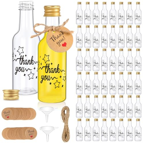 AerWo 50 Pack Mini Shot Bottles with Lids, 50ml Small Plastic Bottles with Gold Screw Caps Funnel and Thank You Tags, Miniature Alcohol Bottle for Alcohol Spirits Liquor, Wedding Favours for Guests