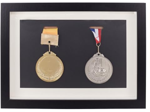 ANATTASOUL Medallas con marco de caja de sombra negro 12,8 x 9,4 cm, marco de fotos de madera maciza, soporte rectangular para mesa y decoración de pared para corredores, fútbol, baloncesto, fútbol,