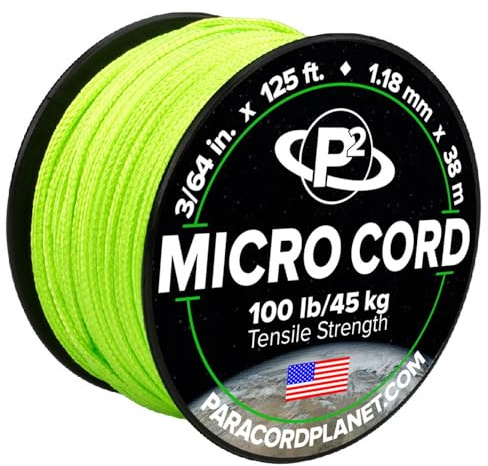 Paracord Planet Micro Paracord – tunn flätad sladd för hantverk, fiske och gör-det-själv-projekt i 38 m spolar – neongrön