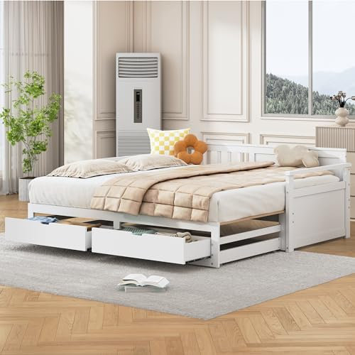 Sofá cama 90 (180 x 190 cm, cama de día multifuncional dos en uno, con cama de pino, cajones y cama nido, sin colchón), color blanco
