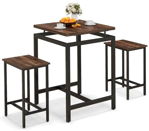 TANGZON 3 Piece Dining Table Set, Wooden Kitchen Table and 2 Stools with Floating Tabletop, Footrests & Adjustable Foot Pads, Metal Frame Space Saving Home Pub Breakfast Bar Table Sets Furniture