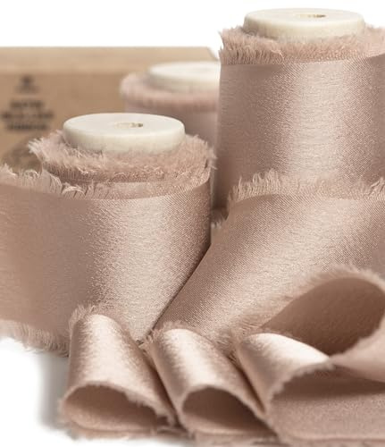 Vitalizart Champagne Silky Satin Ribbon, 1.5'' x 15 Yard with Wooden Spool, Nude Handmade Fringe Chiffon Ribbons for Gift Wrapping, Festive Decoration, DIY Craft, Wedding Bridal Bouquet