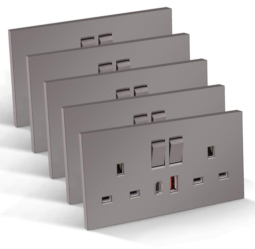 CNBINGO Double Switched Socket with 20W PD USB C and A Fast Charging Ports, Electric Power Sockets 2 Gang 13 Amp, Grey PC Plate Wall Outlet, 5 Pack
