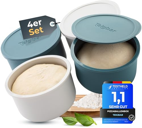 Teigbar Pizzaballenbox mit Deckel, 4er Set - platzsparende Teigbox aus löse-leichtem Silikon - bis zu 350g Pizzateig Box - Gärbox, Pizza Zubehör, Pizza Box - Blau/Weiß - Ø13cm