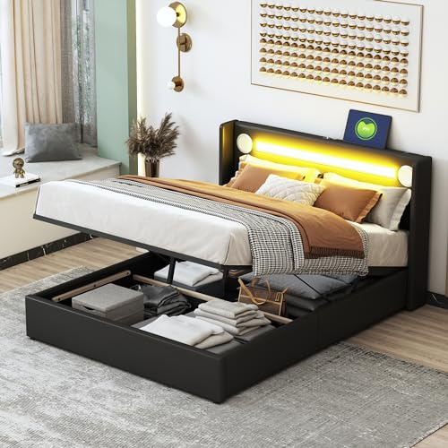 Rtopsu Polsterbett Doppelbett 140x200 cm mit Lautsprecher und LED-Beleuchtung, Bett mit Stauraum und USB-Kopfteil, Stauraumbett Bettgestell mit Lattenrost aus Holz, PU, Schwarz, Ohne Matratze