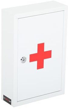 First Aid Medical Cabinet, White Steel Key Lock Wall Mounted Medical Emergency Cabinet with First Aid Stickers & 2 Keys for Workplace, School, Home (320(H) x 215(W) x 80(D) mm)