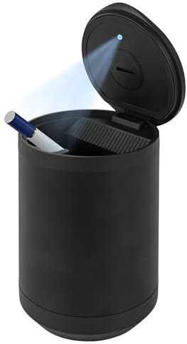 Linkidea Car Ashtray with Lid, Car Ashtrays for Cup Holder Smell Proof, Car Smokeless Ashtray Stainless Steel with Lid and LED Blue Light (Black)