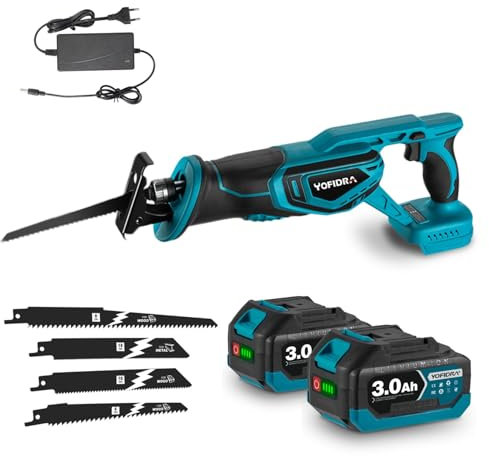 Yofidra Sega a Gattuccio Batteria, 3000 RPM, Sega a Gattuccio con 2 Batterie da 3,0 Ah, Lunghezza Della Corsa Di 40 mm, 4 Lame, Luce LED, Seghetto Alternativo per Tagliare Legno, Metallo, PVC
