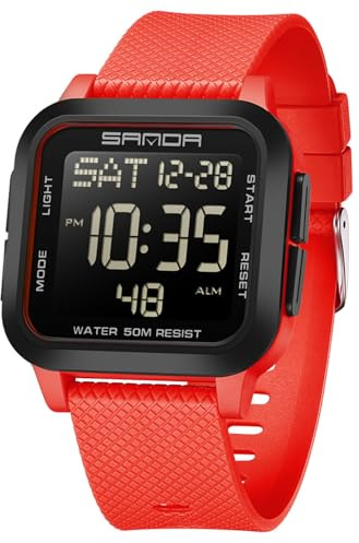 Reloj digital cuadrado para hombre, deportivo, militar, resistente al agua, con números grandes, esfera grande, para exteriores, para niños y estudiantes, Negro y rojo, Correa