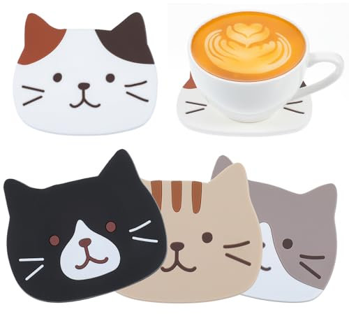 Tyqour 4 Stück Silikon Katze Untersetzer, Tischuntersetzer Dekorative Glasuntersetzer rutschfest Hitzebeständige Glas Untersetzer für Tisch Schreibtisch Büro Getränke Möbelschutz Küche