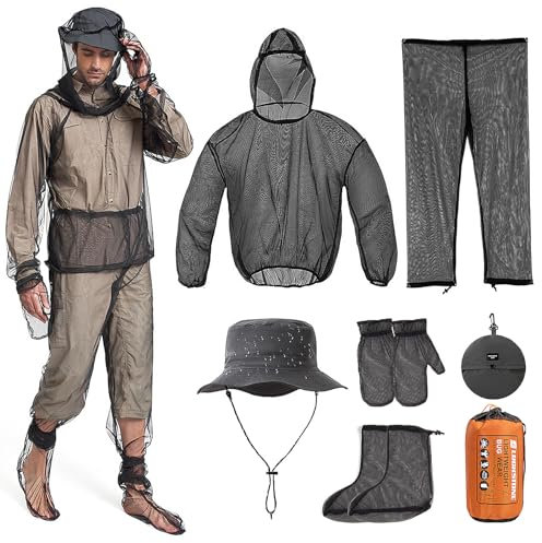 5Pcs Anti-Mosquito Suit Set with Midge Head Net Hat, Mosquito Suit Mosquito Protection, Lightweight Mesh Net Summer Bug Clothing with Jacket Gloves Pants for Fishing Camping Hunting Unisex