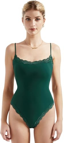 SUUKSESS Women Square Neck Lace Bodysuit Double Lined Sleeveless Spaghetti Strap Tank Top (Dark Green,S)
