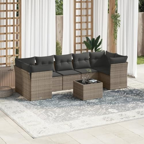 Brokky 8-TLG. Garten-Sofagarnitur mit Kissen LoungemöBel Balkon Patio Furniture Gartengarnitur Set Grau Poly Rattan / 3217290