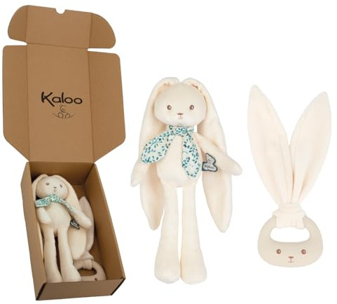 Kaloo - Baby Geschenkset zur Geburt - 2 Stück: Schmusetuch Kaninchen 25 cm + Silikon-Beißring - Lapinoo - Cremefarben - ab Geburt - K390041