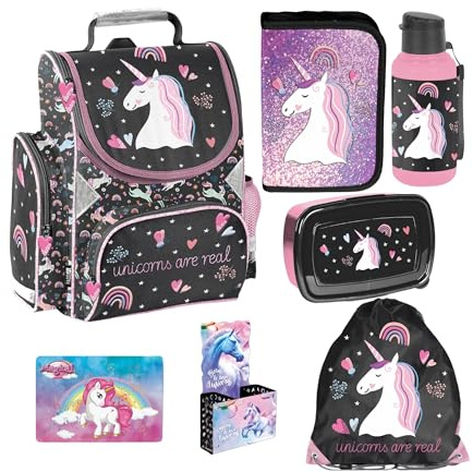 PASO- Schulranzen für Jungen und Mädchen, 8er-Set - Schul-Rucksack für Kinder mit Federmäppchen - Schuhbeutel Sammelmappe Trinkflasche und Brotdose- Einhorn Motiv - 1-3 Klasse
