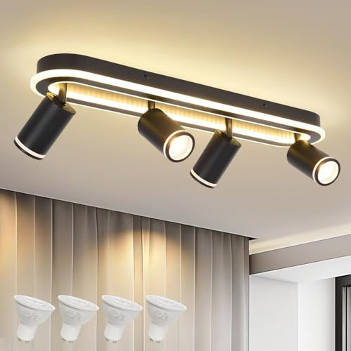 LED 4 Light Track Lighting Spotlight Kit, Black Ceiling Spotlights, Modern Track Light Fixture with Flexibly Rotatable Light Heads, 50W+20W Dual Lighting for Kitchen Living Room,Includes 4 x GU10 Bulb