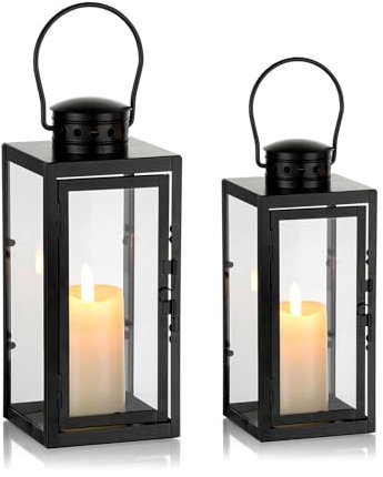 Laternen 2er Set, Laternen für Draußen Metall und Glas Grablaterne Friedhof Wetterfest Kerzenlaterne Groß Outdoor Gartenlaterne Deko für Kerze Wetterfest Glaslaterne Hängende Weihnachtstag Deko