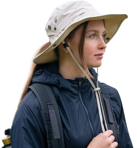 TOP-EX brett brätte damer solhatt, SPF 50, UV-skydd, vattentät, safari-hatt, vikbar, utomhus solhatt för promenader, fiske, med hästsvanshål, Beige, XL-XXL