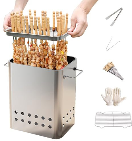 Barbecue a carbonella senza fumo, griglia da appendere in acciaio inox con guanti per campeggio e cucina in giardino