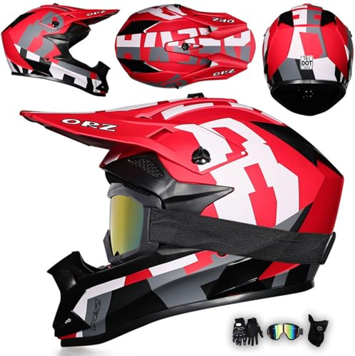 Casco da Motocross Integrale Moto con Occhiali Guanti Maschera, Bambini Adulti Casco Cross E Downhill Casco MTB MX Enduro Uomo Donna Caschi Moto per ATV Dirt Bike Scooter,Red-M