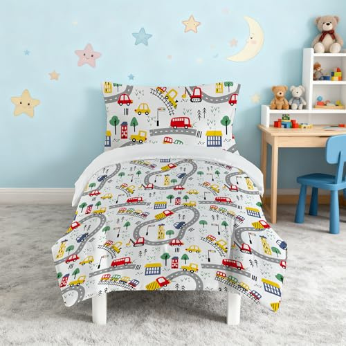 Snugoria Cot Bed Duvet Cover Set for Boys, Set Cars Pattern Toddler Bedding Set for Junior/Toddler/Cot, Cartoon Pattern Quilt Cover 120×150 cm and Pillowcase 40x60 cm