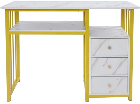 Tenddya Mesa de manicura de mármol con 3 cajones, mesa de uñas de 100 cm con marco dorado, moderno escritorio de uñas para salón y hogar, fácil montaje, gran superficie de trabajo