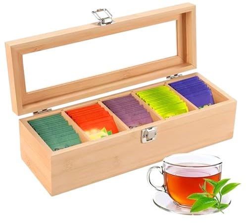 Organizzatore per bustine di tè in legno - Scatola portaoggetti multiscomparto, piano di lavoro da cucina desktop con coperchio trasparente, porta tè in legno dal design elegante, contenitore per bors
