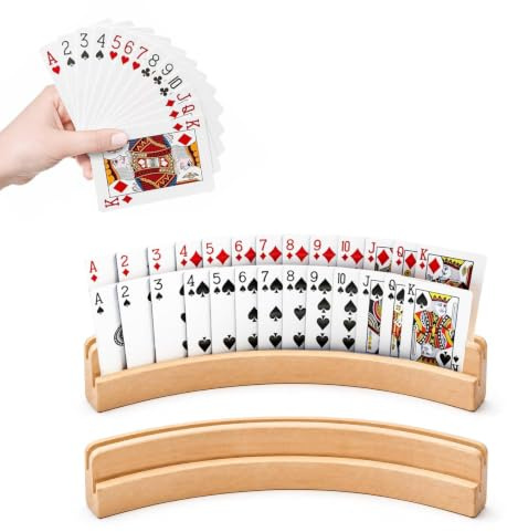 Leopacat 2 Pièces Porte-Cartes à Jouer en Bois, 33cm Support Carte à Jouer | Support de Cartes de Jeu incurvé en Bois, Support Mains Libres, Support de Poker, pour Adultes, Personnes Âgées