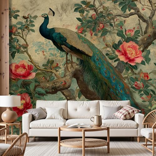Dyjuaa Pfau Tapete Vliestapete Retro Blumen Vlies Fototapete 200x140 cm Vintage Chinesischer Fototapeten Tapeten für Wohnzimmer Schlafzimmer - Wandtapete Tapete