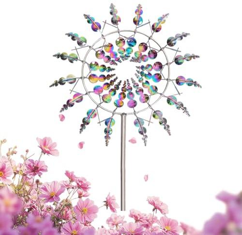 Magische Windmühle, 3D Einzigartige und Magische Metall Windräder, Wind Spinner im Freien, 360° Dual Rotors Kinetische Wind Spinner, Wind Metallfänger, Gartenstecker Windspiel für Garten (Bunt)
