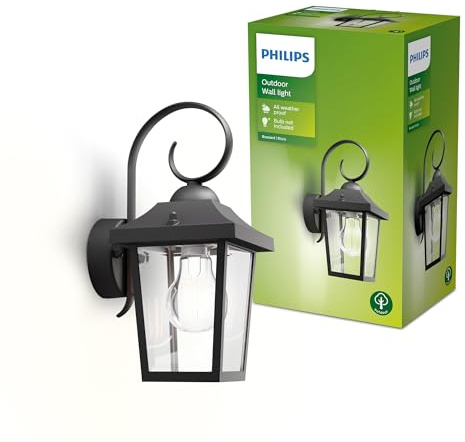 Philips Buzzard Außen-Wandlaterne + E27 LED-Lampe, warmweißes Licht, IP44-wetterfest, langlebig, Aluminium, klassisches Design, schwarz