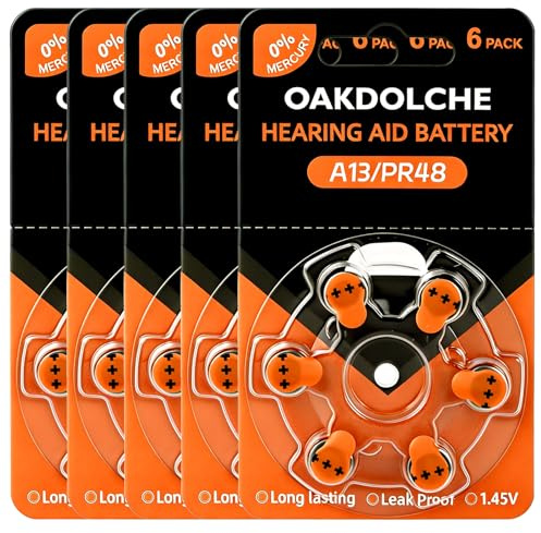 OAKDOLCHE Batterie per apparecchi acustici, misura 13, 30 pezzi, senza mercurio, zinco aria, 1,4 V, a lunga durata e facili da aprire