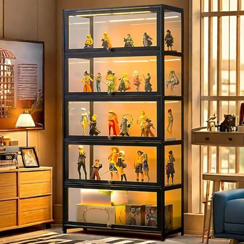 Scribora Curio Display Cabinet 5 Tier Storage Cabinet with Acrylic Glass Door, Display Case Collectibles Organizer Shelf for Living Room、Kitchen、 Pantry、 Home Office (Black-Flip door)