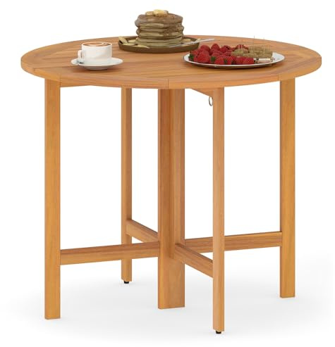 FANTASK Gartentisch Klappbar, Ø 90 cm Klapptisch Akazienholz Wetterfest, Holztisch, Esstisch, runder Balkontisch für Garten, Balkon, Terrasse, 90 x 90 x 75 cm
