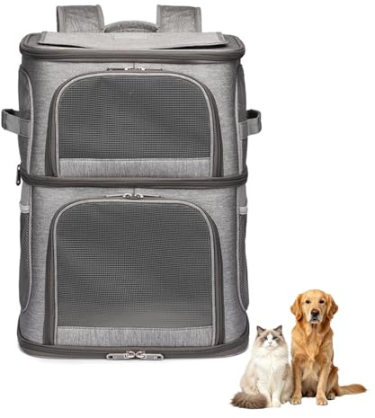 Katzenrucksack Große Katzen, Hunderucksack mit 7 Belüftungsfenstern, Zusammenklappbar Katzentransportbox für 2 Katzen, Cat Backpack für Camping, Reisen, Wandern (Grau)