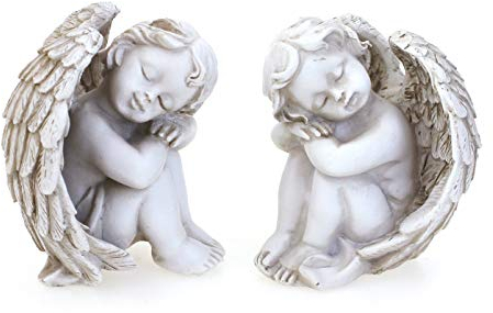 TEMPELWELT® Deko Engel Figur Sitzend Schlafend im 2er Set je 8 cm, Polystein Altweiß Antik Weiß, Engelfigur Schutzengel Engelkind Dekoengel Engelchen Träumend