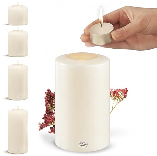 Sin!® 1x Teelichthalter & Dauerkerze CLASSIC ∅8cm Höhe 18cm warmweiß - Die Kerze die nicht schmilzt! Kunststoff-Kerze inkl. Teelicht 4 Std. Brenndauer (MADE IN GERMANY) Kerzenoptik mit Teelichteinsatz