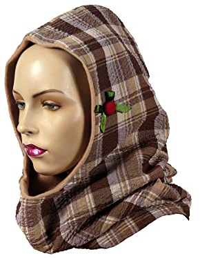 Zweilagiger Kapuzenschal/Kapuzenloop aus Crash-Baumwolle in hellem Beige mit Plaid-Muster in Braun + Senfgelb und aus Fleece in rötlichem Beige; Schleife mit Knopf