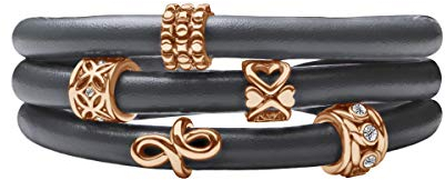 Quiges Damen Leder Wickelarmband Grau 60cm mit Charm Beads Rosegold Edelstahl Magnetverschluss