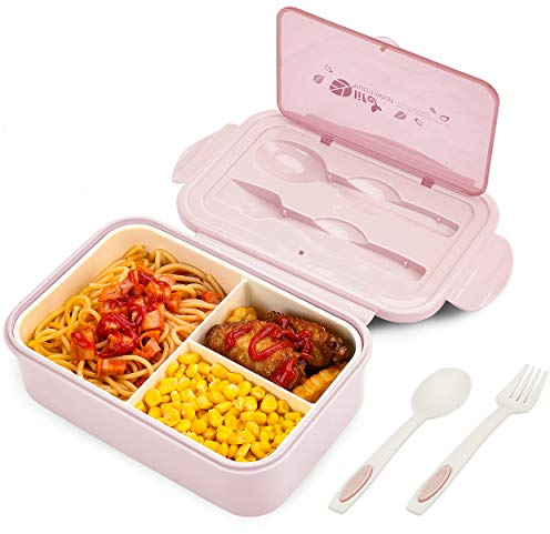 BIBURY Lunch Box, Leakproof Bento Box for Kids Adults, Food Container with 3 Compartments and Cutlery Set, BPA Free, Microwave and Dishwasher Safe Meal Prep Containers - Pink
