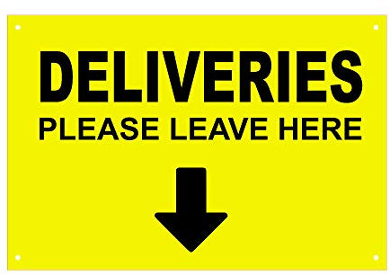 Hinweisschild mit englischer Aufschrift Delivery Please Leave Here, With Directional Arrow Entrance, wasserdicht, Acryl, Bohrlöcher (Medium – 145 mm x 145 mm, Gelb)