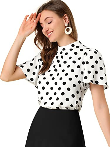 Allegra K Women's Polka Dots Blouse Stand Collar Pleat Keyhole Back Short Flare Sleeve Tops Large White Black