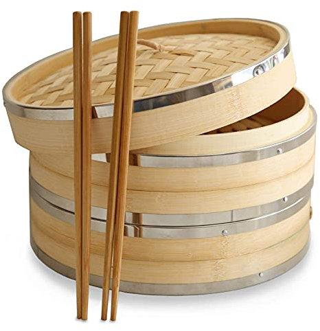 LTLWSH Cestello per Cottura a Vapore con 2 Piani e Coperchio - Cestello in bambù per Cottura a Vapore - Vaporiera Bambu, Pentola per Cottura a Vapore con 2 Paia Bacchette,18cm