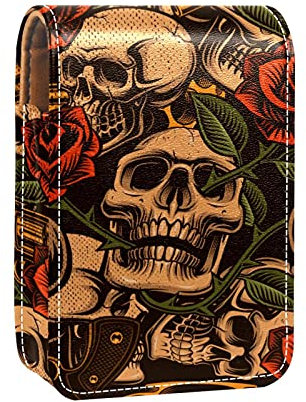 Makeup Lipstick Case for Outside Skull with Rose Vintage Portable Lipstick Organizer with Mirror Ladies Mini Makeup Bag Takes Up to 3 Lipstick
